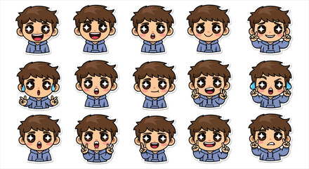 Naklejka premium Cute Boy Character Emote Sticker Set, Cartoon Chibi Boy Emoji Pack, Funny Reaction Face Icons Vector