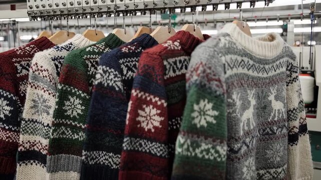 Medium shot capturing patterned wool sweaters being produced by automated knitting equipment focusing on intricate designs and color variations emerging on classic winter garments.