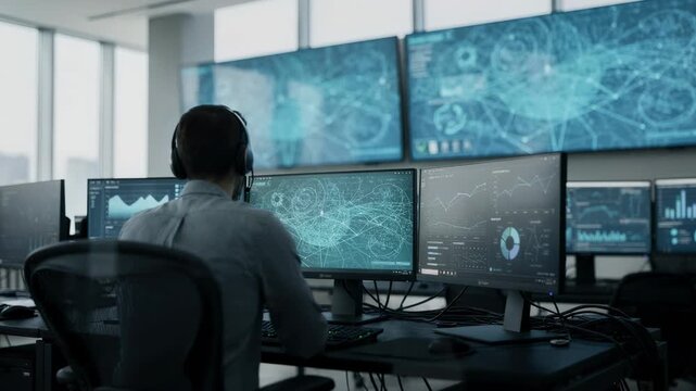 Medium shot of a focused operator analyzing wireless network data on large wall screens during a daytime shift in a hightech network operations center.