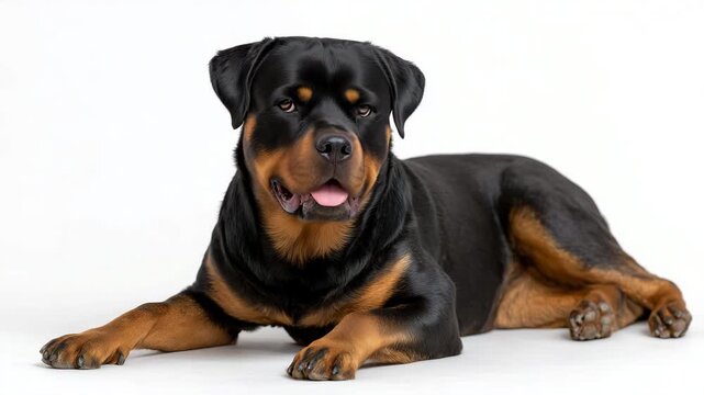 Calm Rottweiler sitting proudly, isolated on white background, muscular build, glossy black-and-tan coat, confident expression, soft subtle shadowing