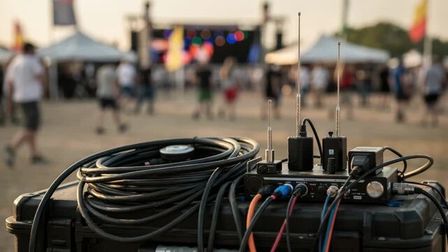 Medium shot of a transportable studio setup featuring cables and antennas focused against outoffocus festival grounds bustling with attendees and activities.