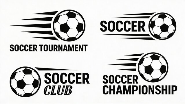  features a collection of six black and white soccer-themed logos, each incorporating a stylized soccer ball. The logos vary in design, with some featuring dynamic motion lines suggesting speed and mo