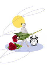 Sketch template design 3D photo collage composite of panda head lady body walk hold flower international woman day spring time season © deagreez