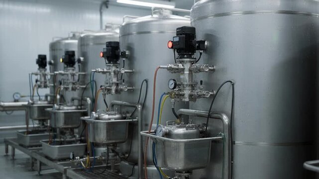 Medium shot capturing waterborne solvent tanks and pump mechanisms emphasizing environmentally safe liquid handling in a modern facility.