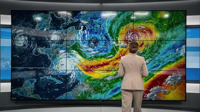 Presenter stands in front of a large touchscreen weather wall displaying dynamic radar loops and temperature maps with the background softly blurred for emphasis.