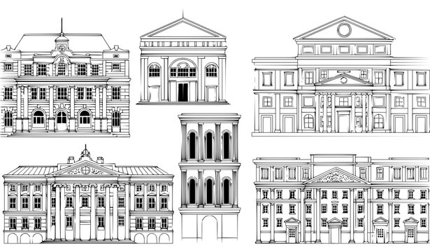 A set of elegant building facades in a minimalist line art style
