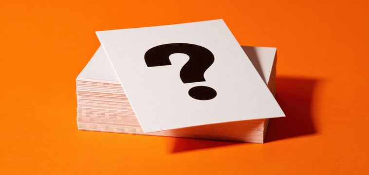 The stack of white cards with a bold question mark on bright orange background
