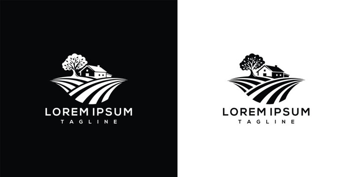 Farmhouse and Fields Logo - Rural Countryside Scene.