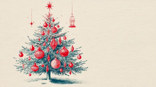 紙の質感と版画風のインク表現で赤白の飾りを付けたビンテージ調ツリー、人物なし