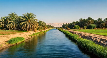 Obraz premium Canal of water framed by lush greenery, palms, and distant mountains under a clear sky