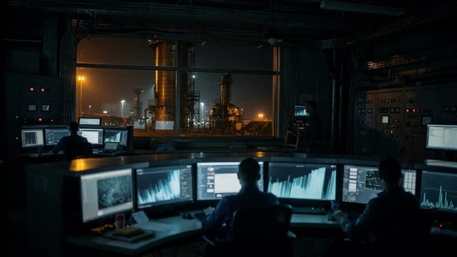 In a dimly lit control room at night operators focus intently on DCS displays managing critical polymerization parameters of rubber in a continuous reactor.