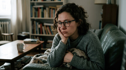 Fototapeta premium Sad Young Woman with Glasses Crying While Sitting on a Sofa at Home