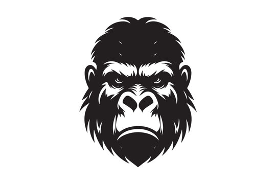 Aggressive gorilla head silhouette for sports team branding. Powerful primate face mascot for gym and fitness logo vector.