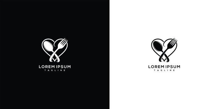 Love Food Logo Heart Spoon Fork Icon Restaurant Culinary Symbol Black White.