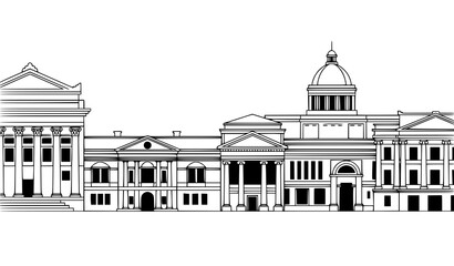 A black and white vector illustration of a row of classic buildings with columns and domes © MdLiton
