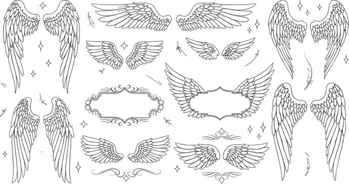 Hand Drawn Angel Wings Vector Set with Decorative Frames and Feathers for Tattoo Designs, Logos, Apparel Prints, Memorial Graphics, and Vintage Illustration Projects