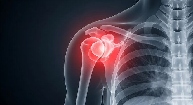 The human skeleton displays a highlighted red glow on the shoulder joint, specifically the scapula, humerus, and surrounding muscles, in a medical illustration from a side view.