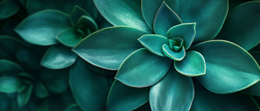 The lush green rosettes of succulents, glistening with moisture, make a natural backdrop for interior design, botanical displays or advertising eco-friendly products.