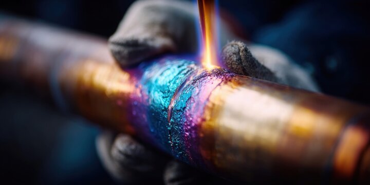 Close-up of a welder's gloved hands carefully brazing a copper pipe with vibrant heat colors