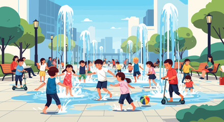 Children playing in a splash pad fountain in a city park on a sunny day. © ahmad