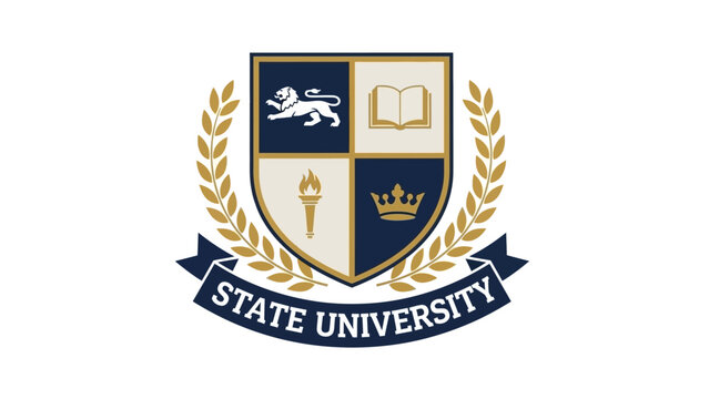 Academic crest logo for a state university featuring a shield with traditional symbols of knowledge and leadership