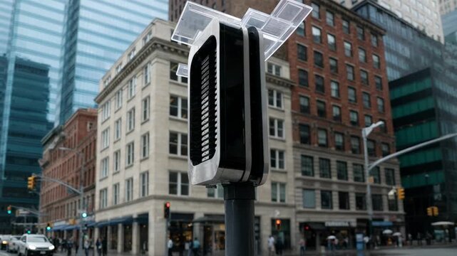 Medium shot of a smart antenna panel in a dense business area with the antenna crisp in focus and the cityscape faded emphasizing precision beam steering for high data throughput.