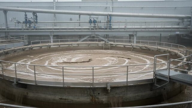 Medium shot of a clarifier tank actively separating solids from liquid waste during pigment washing effluent treatment in an industrial wastewater facility.