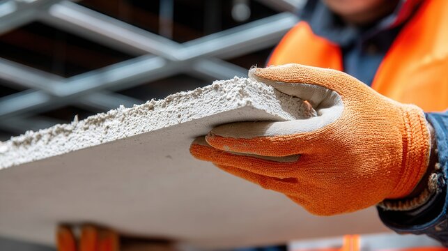 Construction worker in orange safety vest holding a drywall panel for ceiling installation