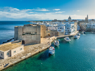 Aerial view of medieval castle and the historic center of Monopoli stunning blend of military fortification and Mediterranean coastal urbanism Puglia © tamas