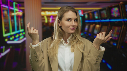Woman gesturing indoors at casino near slot machines with a confident demeanor, highlighting a vibrant gaming atmosphere.
