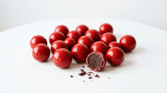 Ruby Chocolate Pieces and Gourmet Praline Bonbons on a Minimalist White Background