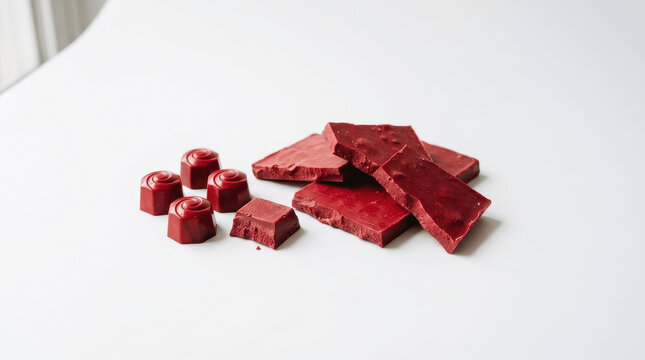 Ruby Chocolate Pieces and Gourmet Praline Bonbons on a Minimalist White Background