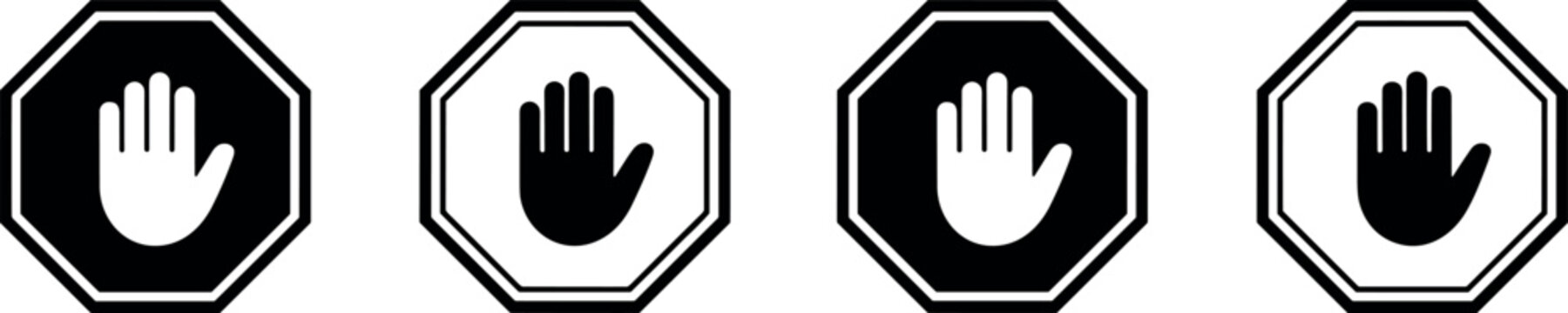 Four octagonal stop signs with hand gestures vector illustration, flat design graphics