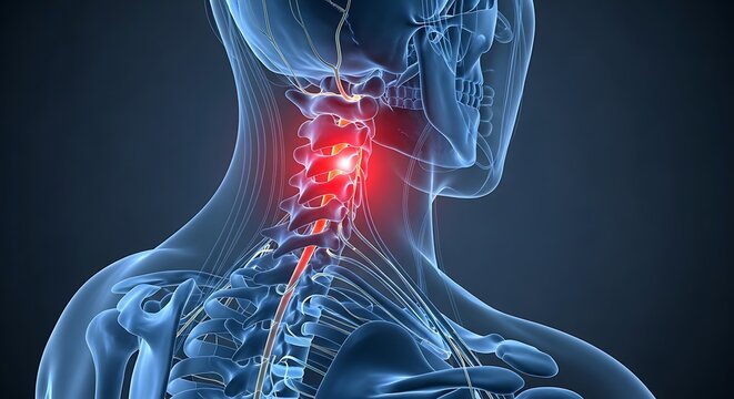 The human skeleton displays a glowing red spinal cord injury in the neck region against a dark blue background with the bones and nerves visible.