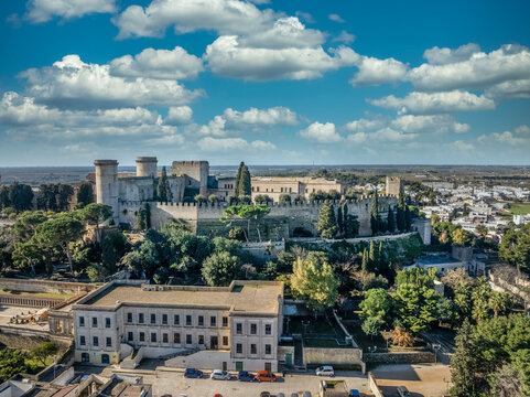 Aerial view of the castle of Oria important defensive structures in Puglia Italy with crenellated battlements, triangular plan
