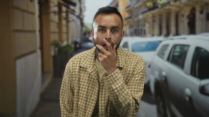 Naklejka premium Man with finger to lips touching mouth on a street beside parked cars and building facades; silence contemplation.