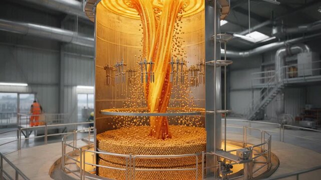 Medium perspective of a mixed nutrient prilling tower operation emphasizing the blend of molten feed materials forming consistent highquality fertilizer prills.