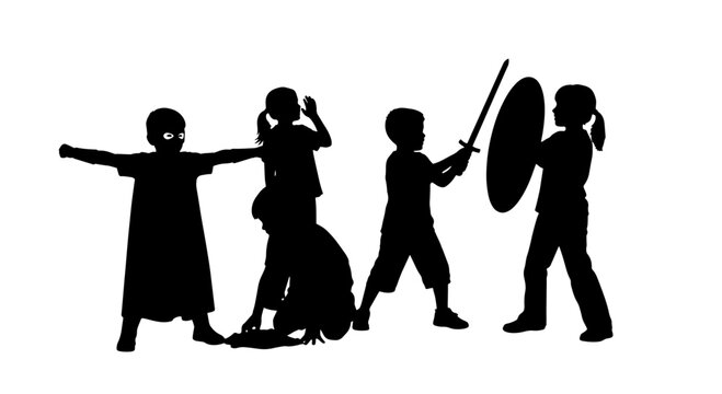 Silhouettes of children playing imaginative games, one with a sword and shield, on a white background.