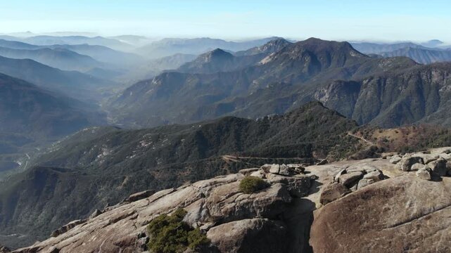 Aerial drone view from Moro Rock summit overlooking Sierra Nevada mountains, Sequoia National Park California