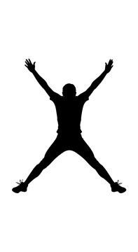 A black silhouette of a person performing a jumping jack exercise on a white background.