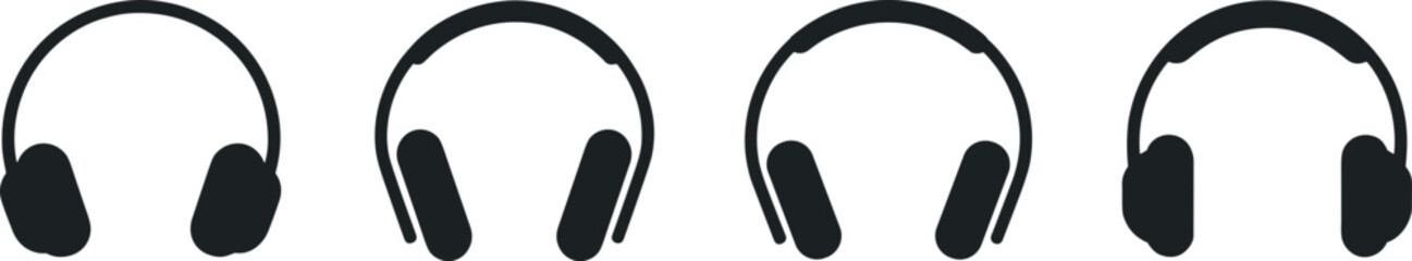 Obraz premium Four black headphones in different positions vector illustration, flat design