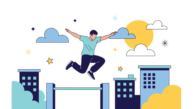 Parkour and urban sports motivation concept showing a man jumping high over a gap between city skyscrapers against a clear sunny sky.