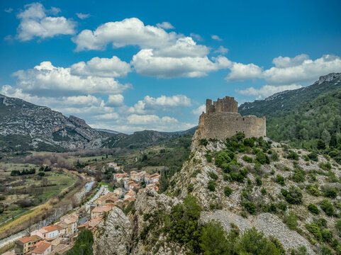 Aerial view of Gothic Padern castle ruin in Southern France