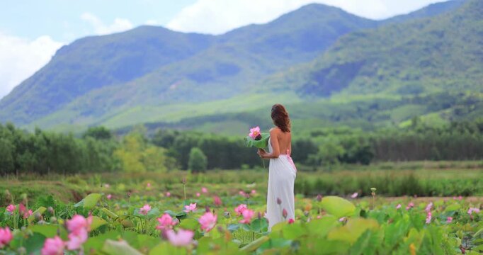 Woman In Lotus Pond, Tra Ly Duy Xuyen Quang Nam Vietnam Scenic Landscape
