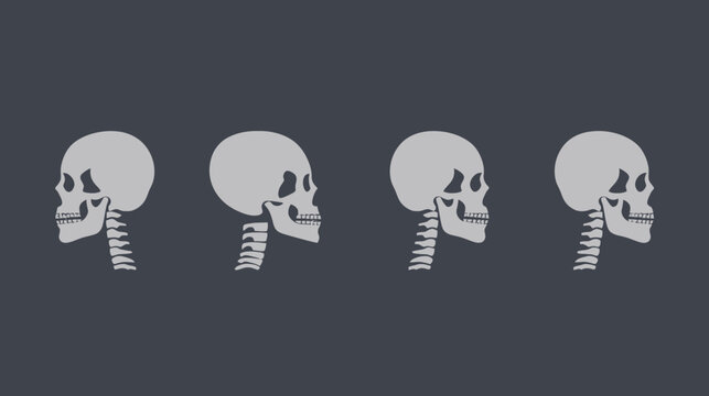 Four stylized grayscale skeletal head profiles, depicting skull and spinal column on a dark background