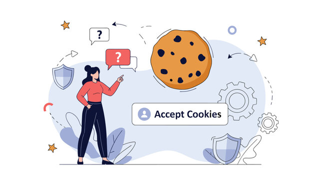 Internet cookies policy and digital privacy concept with a woman pointing at a large chocolate chip cookie and a blue accept button.