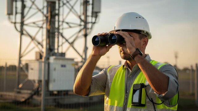 Medium shot of RF engineer using binoculars to closely examine the tower base with blurred background emphasizing focused inspection details.