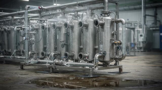 Medium shot capturing activated carbon filters in an onsite dye wash water recycling system highlighting adsorption process cleaning and reusing wash liquors efficiently.