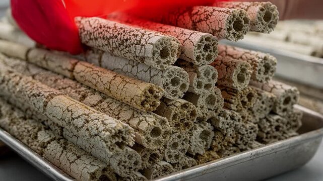 Medium shot focusing on macro texture of dry zeolite pellets stacked in trays showcasing surface details and porous structure essential for catalytic functions.