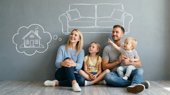 Family of four sits on a wooden floor against a gray wall, dreaming of a new house and a comfortable sofa drawn in chalk above them.